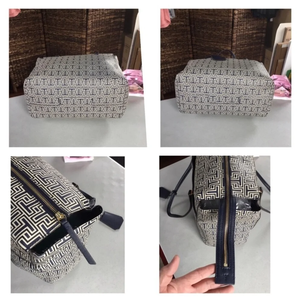 TORY BURCH GEO T-TOTE SHOULDER BAG WHITE BLUE DURABLE WATER RESISTANCE VINYL